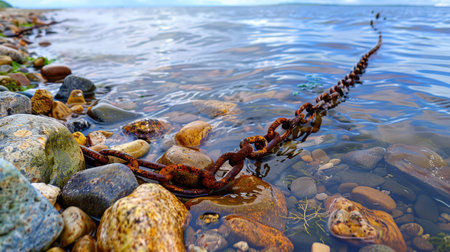 A close-up view of a rusty chain lying among colorful stones at a lakeshore, surrounded by calm water reflecting the clear blue sky, evoking tranquility.の素材