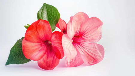 This stunning image showcases vibrant red and pink tropical flowers paired with lush green leaves. The isolated composition highlights beauty and elegance.の素材