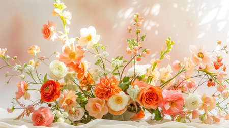 A stunning floral arrangement featuring soft peach and cream blooms, ideal for spring decorations. The flowers burst with color in beautiful natural light.の素材