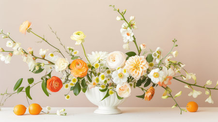 This stunning floral arrangement features a harmonious mix of soft-colored flowers in a white vase, perfect for enhancing any celebration or event.の素材