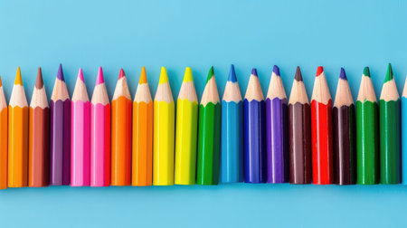 A vibrant arrangement of colored pencils neatly aligned on a striking blue background. Perfect for art, education, and creative projects showcasing colors and textures.の素材