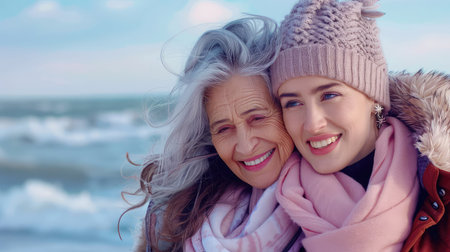 A heartwarming scene capturing the bond between a grandmother and granddaughter at the beach. Both women are smiling, radiating warmth and joy against the backdrop of waves and a serene sky.の素材