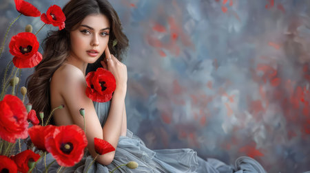 A stunning young woman poses gracefully with flowing hair, surrounded by vibrant red poppies against a soft, dreamy background, showcasing beauty and elegance.の素材