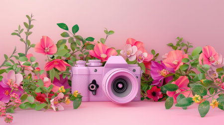 A charming still life showcasing a pink camera surrounded by a lush arrangement of colorful flowers, set against a soft pink backdrop, perfect for creative projects.の素材