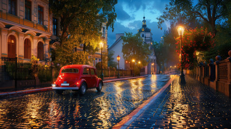 A charming vintage car parked on a rainy cobblestone street, illuminated by warm street lights amidst lush trees, exuding a peaceful ambiance.の素材