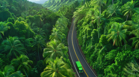 This breathtaking aerial view captures a winding road amidst lush greenery and palm trees, showcasing the beauty of a tropical landscape. Ideal for travel themes.の素材