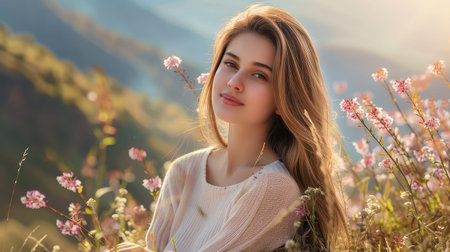 A young woman sits amid blooming flowers in a serene natural landscape, radiating happiness and calmness under warm sunlight during golden hour.の素材