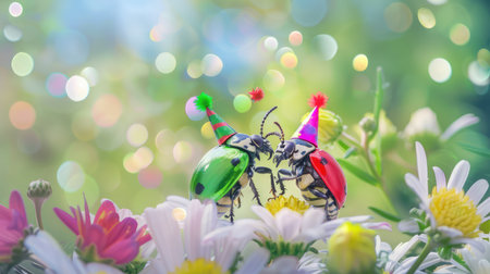 Two vibrant beetles adorned with colorful party hats celebrate amidst a blooming flower garden, creating a joyful and whimsical nature scene.の素材