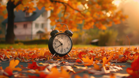 A vintage alarm clock sits elegantly among vibrant autumn leaves, capturing the essence of fall in a scenic outdoor setting filled with warmth and nostalgia.の素材