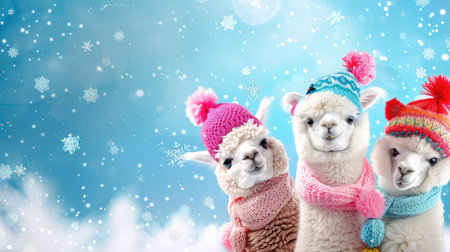 This charming image features three adorable alpacas dressed in colorful winter hats and scarves. They are surrounded by enchanting snowflakes, showcasing their playful and friendly nature during a delightful winter day.の素材