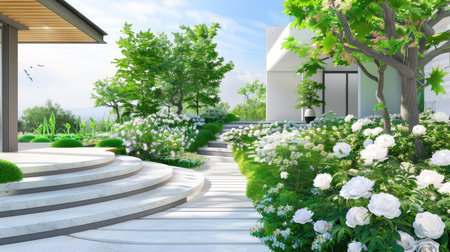 A picturesque modern garden pathway showcasing blooming white flowers and lush greenery creates a serene outdoor experience under a blue sky.の素材