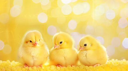 Three adorable fluffy yellow chicks are nestled together against a bright yellow backdrop, surrounded by a soft bokeh effect, exuding warmth and joy.の素材