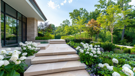 This captivating image captures a serene garden pathway adorned with bright flowers and lush greenery, leading gracefully to a modern home entrance.の素材