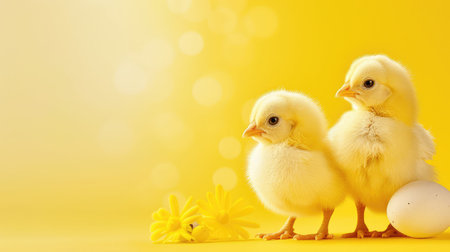 These two delightful yellow chicks stand beside a white egg and bright flowers against a soft yellow background, evoking warmth and joy in spring.の素材
