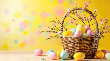 A charming Easter basket filled with pastel-colored eggs and delicate spring flowers, set against a bright yellow background for a festive and cheerful atmosphere.の素材