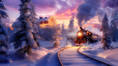 A charming winter scene featuring a vintage steam train traveling through a snow-covered forest, illuminated by a beautiful sunset. Ideal for seasonal travel and nature themes.の素材