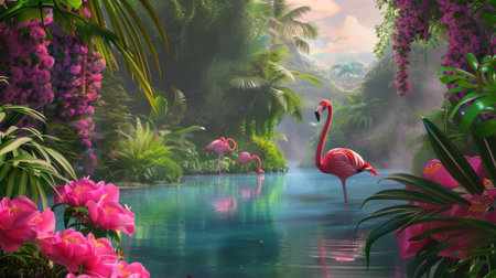 This stunning image captures a tranquil tropical paradise featuring vibrant flamingos amidst lush pink flowers and serene waters, bathed in soft morning light.の素材