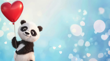 This charming illustration features a cute panda character holding a red heart-shaped balloon, radiating love and happiness amidst a soft blue background filled with enchanting bokeh light effects.の素材