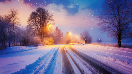 A captivating winter scene featuring a winding snow-covered road flanked by tall trees under a vibrant evening sky, with soft snowflakes falling gently.の素材