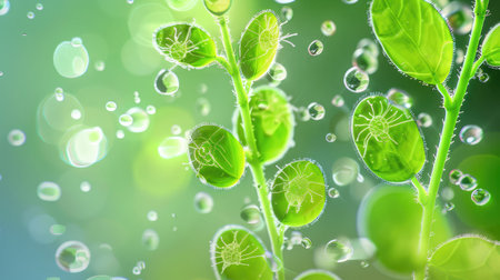 This image showcases a close-up view of fresh green leaves adorned with water droplets, set against a soft, blurred background, perfect for nature themes.の素材