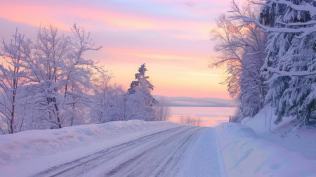 A tranquil winter road meanders through a snow-covered landscape, surrounded by frosted trees and reflecting the vibrant colors of a serene sunrise over the lake.の素材