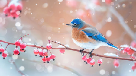 A beautiful bluebird perched on a branch adorned with bright berries, surrounded by soft falling snow and a gentle bokeh background, evoking winter serenity.の素材