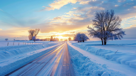 Capture the essence of winter with this enchanting landscape featuring a snow-covered road, frost-kissed trees, and a stunning sunset sky.の素材