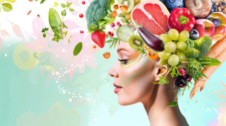 This artistic portrait features a woman's profile adorned with an array of vibrant fruits and vegetables, celebrating a healthy lifestyle and nutrition.の素材