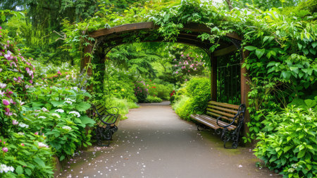 Discover a serene garden pathway lined with lush greenery and colorful flowers. This tranquil scene invites you to explore and enjoy nature's beauty.の素材