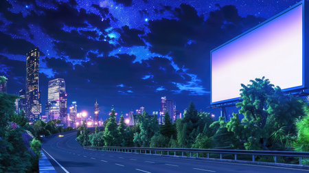 A captivating nighttime urban landscape showcases a starry sky above a quiet highway with a blank billboard, surrounded by greenery and illuminated buildings.の素材