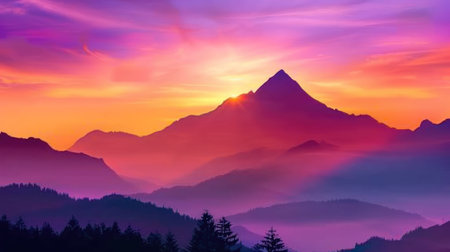 Experience the breathtaking beauty of a majestic sunrise illuminating mountain peaks. This vibrant landscape captures a serene and tranquil moment in nature's wonder.の素材