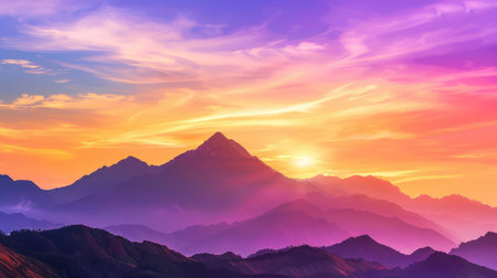This stunning landscape captures majestic mountains silhouetted against a vibrant sunrise, featuring a multicolored sky and soft, fluffy clouds. Perfect for nature lovers.の素材