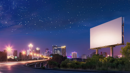 A stunning night view of a bustling urban city with an empty billboard, vibrant skyline and starry sky. Ideal for advertising, travel, or city life themes.の素材