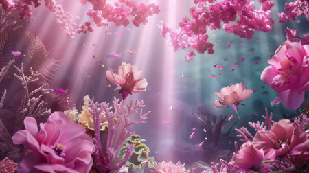 This enchanting underwater scene captures vibrant flowers and corals bathed in soft light rays, creating a serene and dreamlike atmosphere. Perfect for nature enthusiasts.の素材