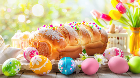 A beautiful display featuring freshly baked Easter bread adorned with colorful decorative eggs and bright spring flowers, perfect for festive celebrations.の素材