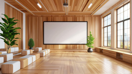 This image showcases a spacious and modern interior designed with wooden elements. It features a large projection screen, ample natural light, and inviting seating, creating an ideal space for presentations or meetings. The presence of greenery enhances the tranquil atmosphere.の素材