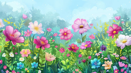A stunning illustration of a vibrant meadow, filled with diverse blooming flowers under a bright blue sky, showcasing nature's beauty and tranquility.の素材