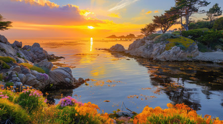 A breathtaking sunset paints the sky in vibrant hues over a tranquil coastline, highlighting a serene rocky landscape adorned with colorful flowers.の素材