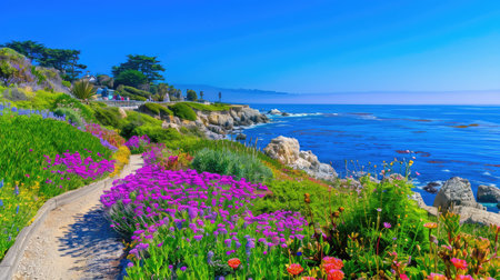 A stunning coastal pathway adorned with vibrant flowers alongside a serene ocean view, encapsulating the beauty of nature on a clear day. Perfect for relaxation and exploration.の素材