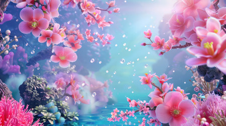 A mesmerizing underwater scene showcases vibrant cherry blossoms and colorful aquatic plants against a dreamy blue backdrop, evoking tranquility and beauty.の素材