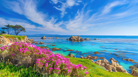 Experience a breathtaking coastal view featuring vibrant flowers in the foreground and clear blue waters, set beneath a bright and dynamic sky.の素材