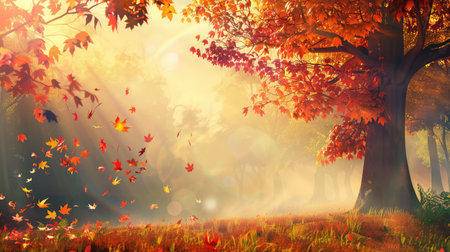 A stunning autumn forest scene filled with vibrant foliage, gentle sunlight filtering through mist, and colorful leaves gracefully falling, evoking tranquility and warmth.の素材