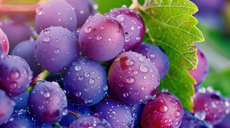 A stunning close-up of fresh grapes adorned with glistening water droplets captures the essence of health and vitality. Perfect for food photography.の素材