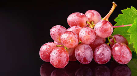A cluster of fresh red grapes adorned with glistening water droplets, showcasing their delicious texture and vibrant color on a sleek black surface, perfect for health-conscious culinary creations.の素材