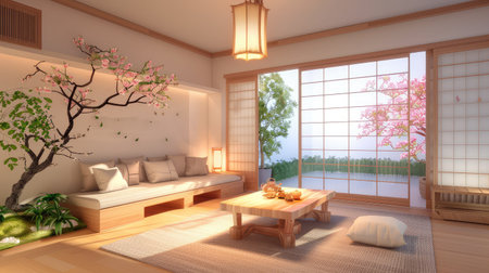 This serene Japanese-inspired living room features a stunning cherry blossom tree, elegant wooden furniture, and soft natural light, creating a tranquil atmosphere.の素材