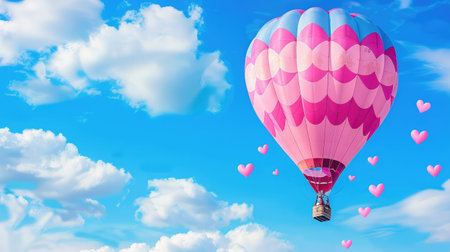 A vibrant hot air balloon drifts through a clear blue sky filled with fluffy clouds, with whimsical heart shapes floating nearby, evoking joy and adventure.の素材