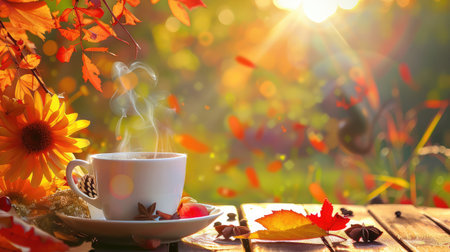 A serene autumn scene featuring a steaming cup of coffee surrounded by colorful leaves, sunlit background, and natural beauty, perfect for visual warmth.の素材