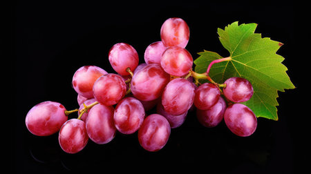 This vibrant image showcases fresh red grapes with a green leaf on a black background, symbolizing health and culinary delight. Perfect for various uses!の素材