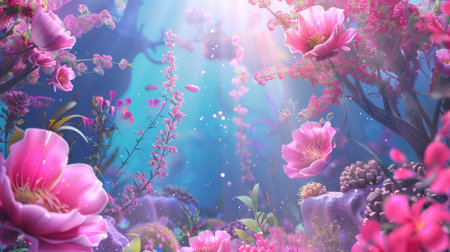 Dive into a vibrant underwater scene filled with pink blossoms and soft rays of sunlight illuminating a tranquil aquatic environment, creating a serene atmosphere.の素材