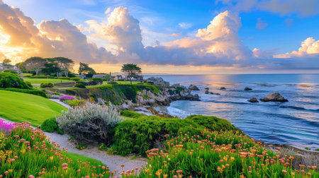 A breathtaking view of a coastal landscape showcasing vibrant flowers in the foreground, with calming ocean waves and a stunning sunset sky, evoking tranquility.の素材
